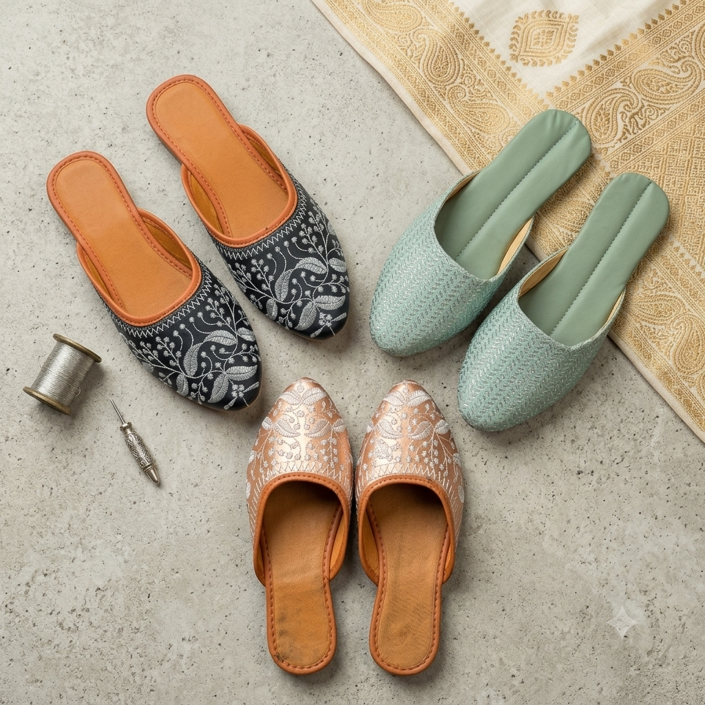 Dhivija Collection Trio Combo: Hand-Embroidered Backless Ethnic Juttis for Women (Set of 3)