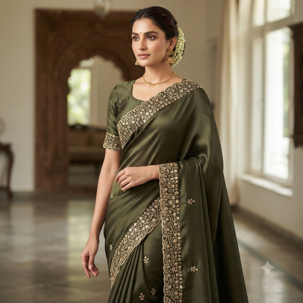 Olive Embroidered Satin Saree – Dhivija Collections