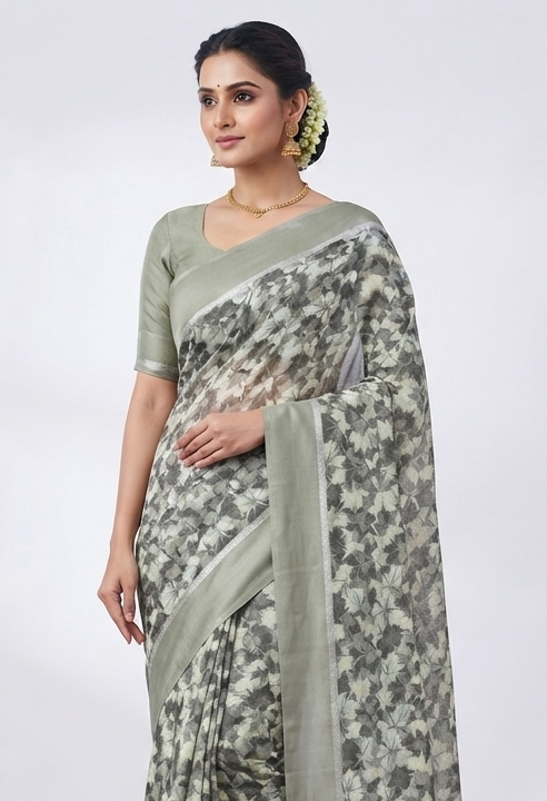 Grey Floral Print Linen/Georgette Saree with Silver Border | Dhivija Collections
