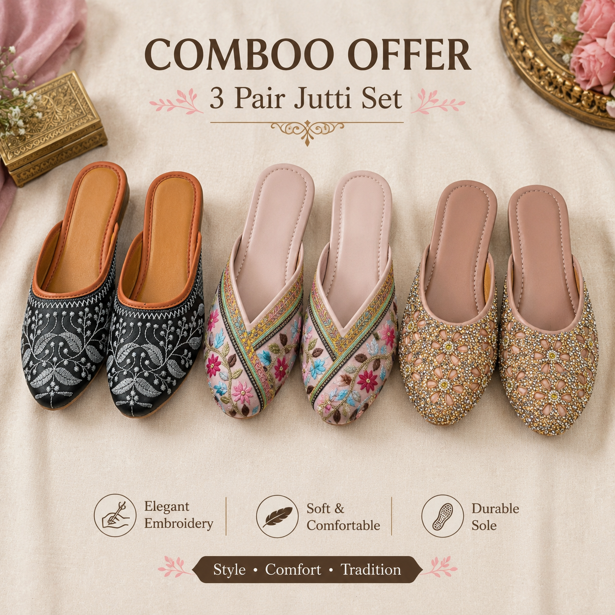 Dhivija Collections 3-Pair Jutti Combo Pack | Embroidered & Sequined Mules for Women