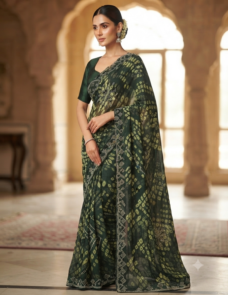 Dhivija Collections - Bottle Green Georgette Bandhani Saree with Sequined Border