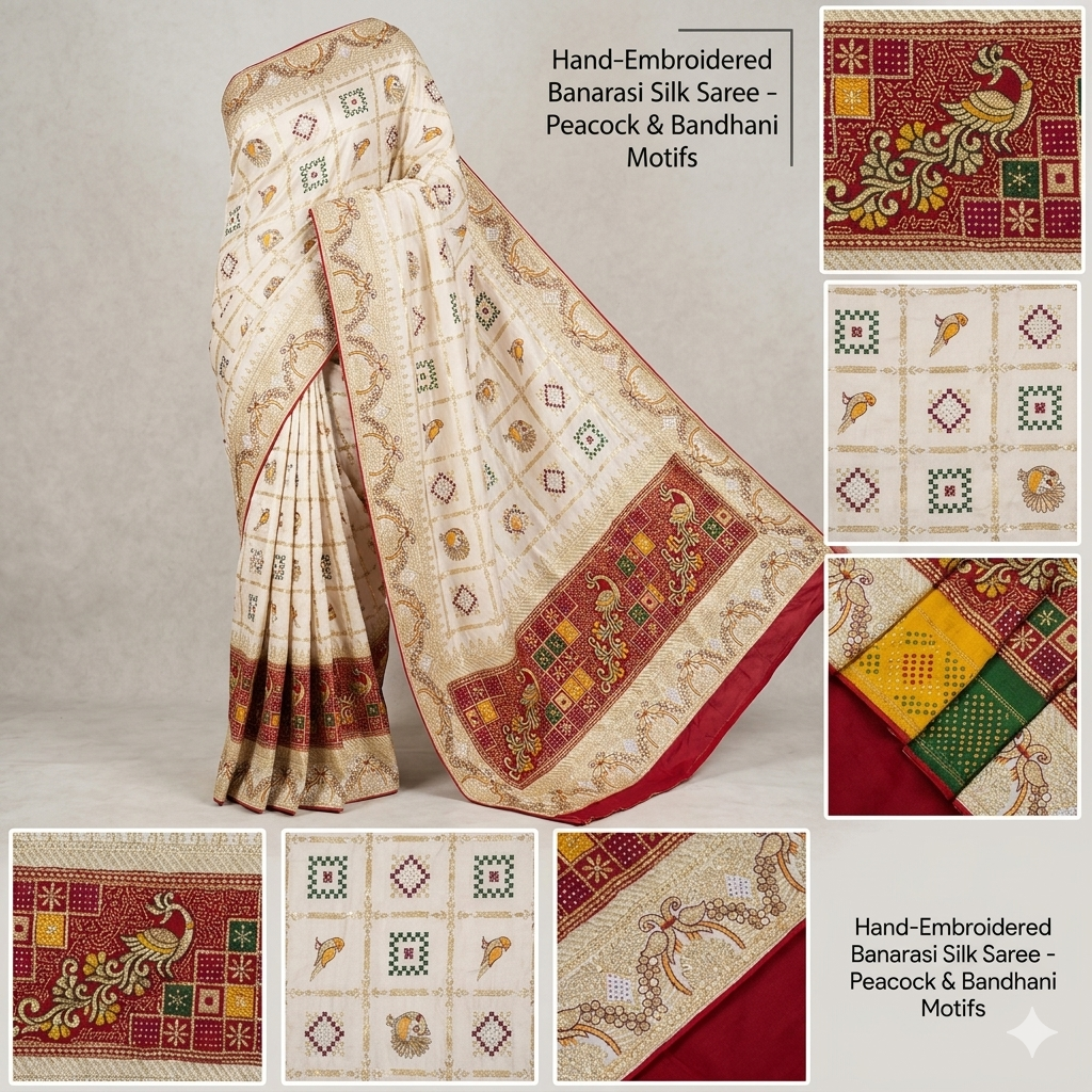 Elegant Hand-Embroidered Banarasi Silk Saree with Peacock & Bandhani Motifs