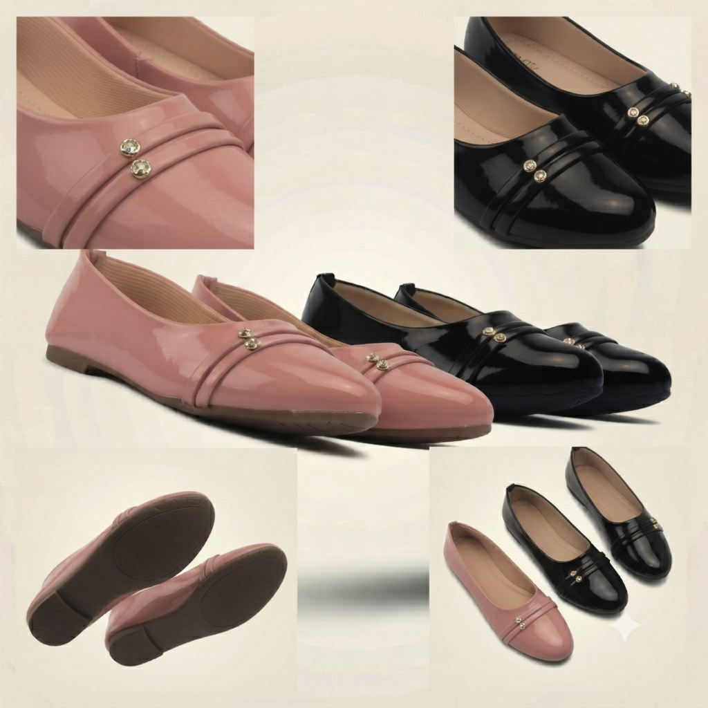 Glossy Embellished Flat Shoes Pair 