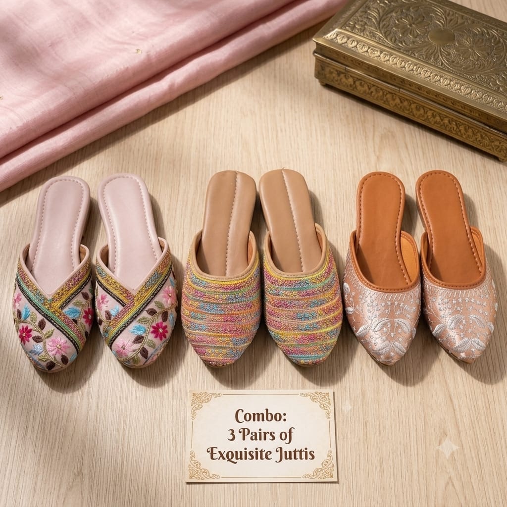 3 Pair Jutti Combo for Women | Embroidered Ethnic Slip-On Footwear | Dhivija Collections