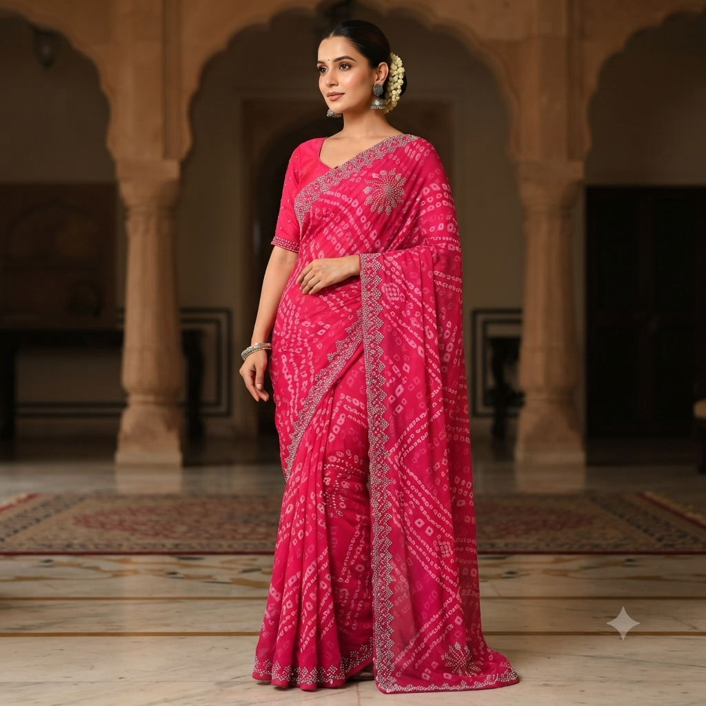 Vibrant Rani Pink Bandhani Saree with Intricate Border Work | Dhivija Collections