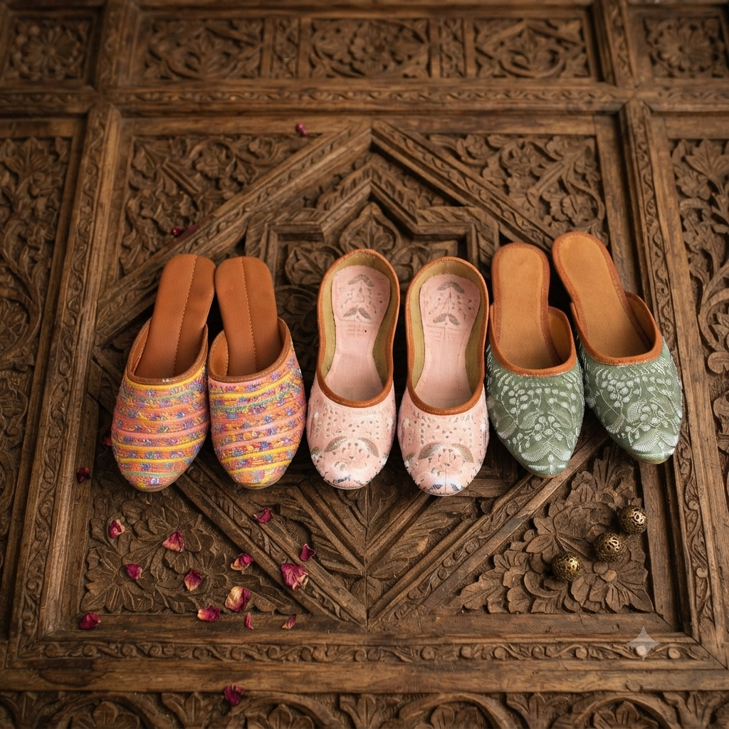 Dhivija Collections Artisan Embroidered Ethnic Slip-On Mojris / Juttis (Assorted Colors)