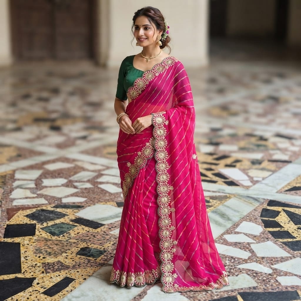 Rani Pink Mothda Georgette Saree with Embroidered Cutwork Border | Dhivija Collections