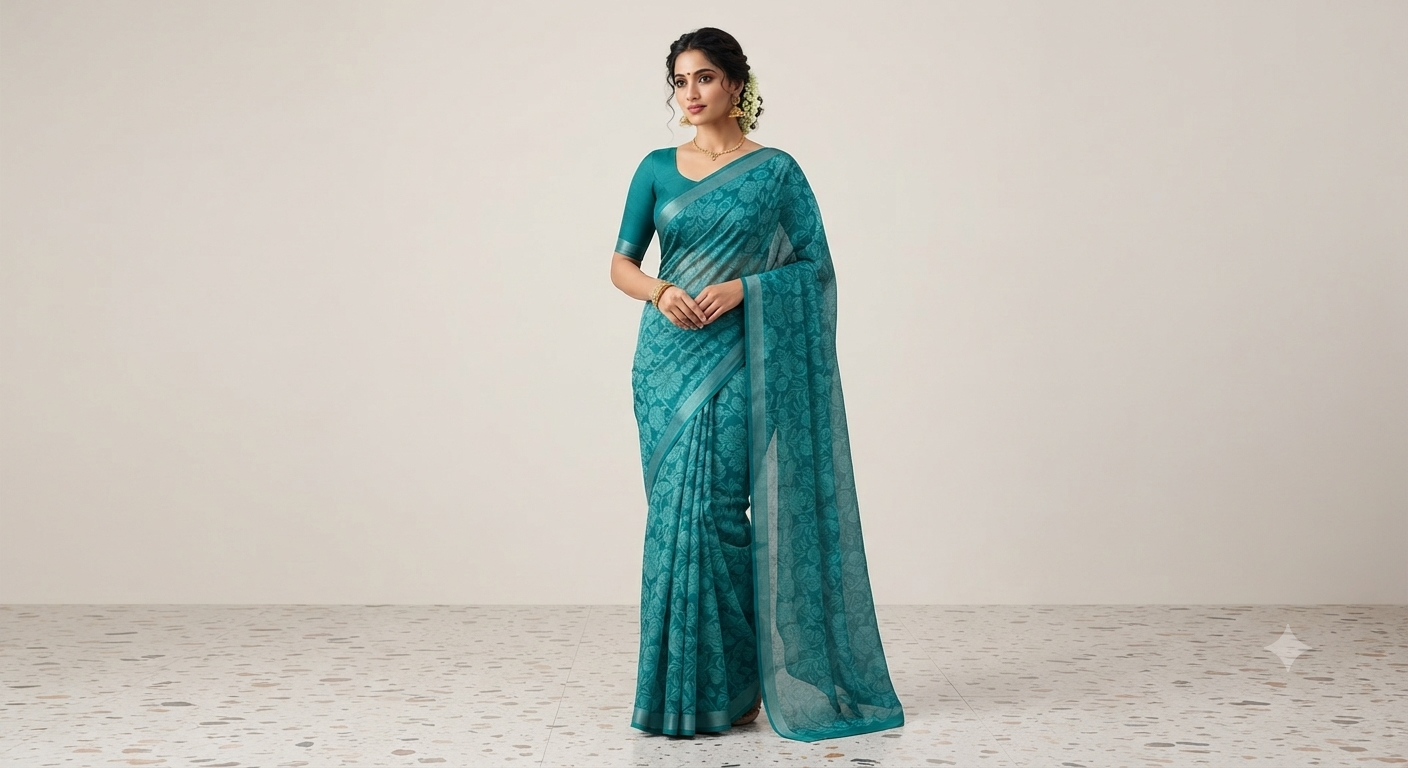 Dhivija Collections Teal Blue Floral Chiffon Saree with Matching Blouse