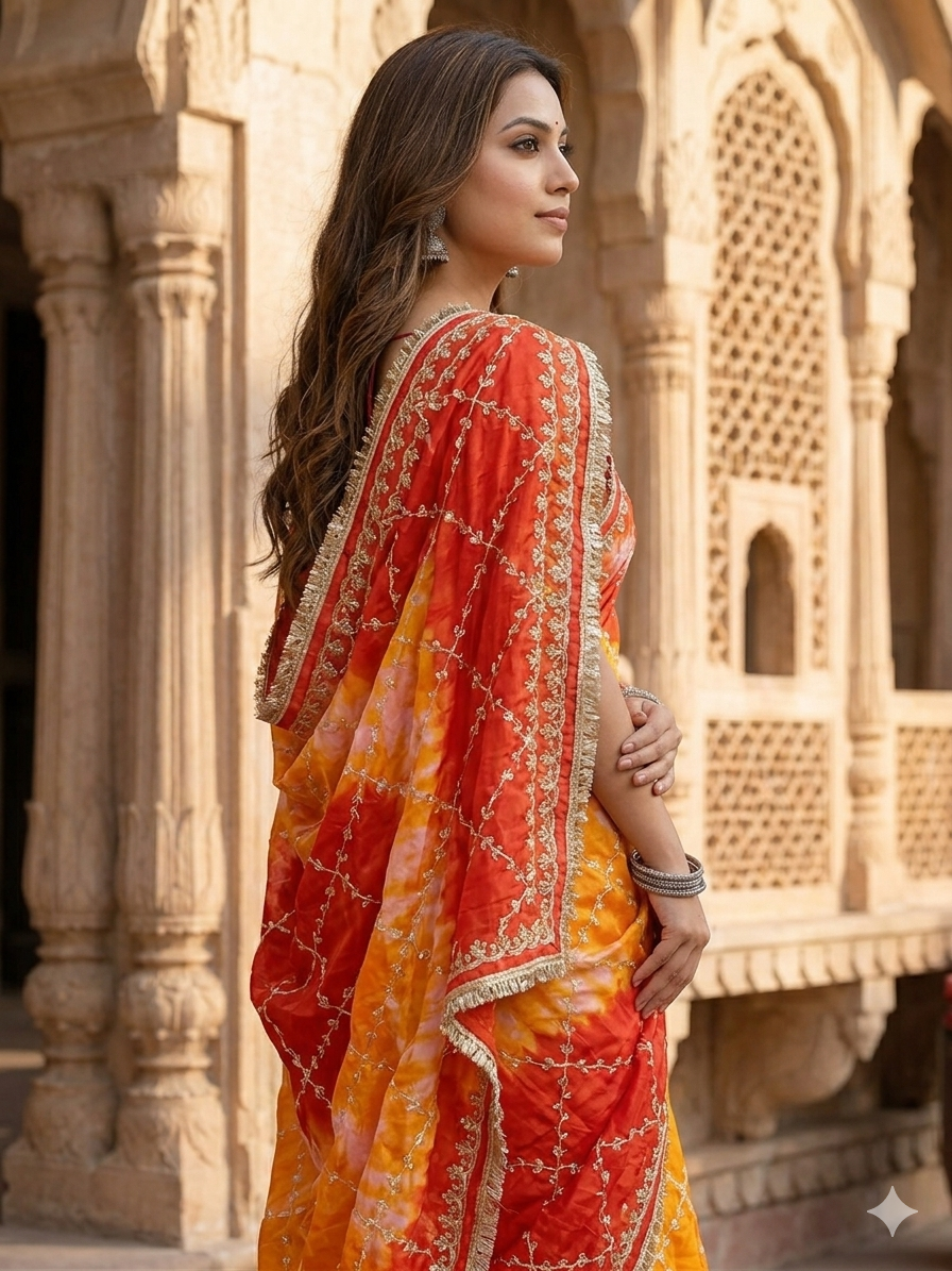 Vibrant Red & Yellow Shibori Bandhani Silk Saree with Gota Patti Work