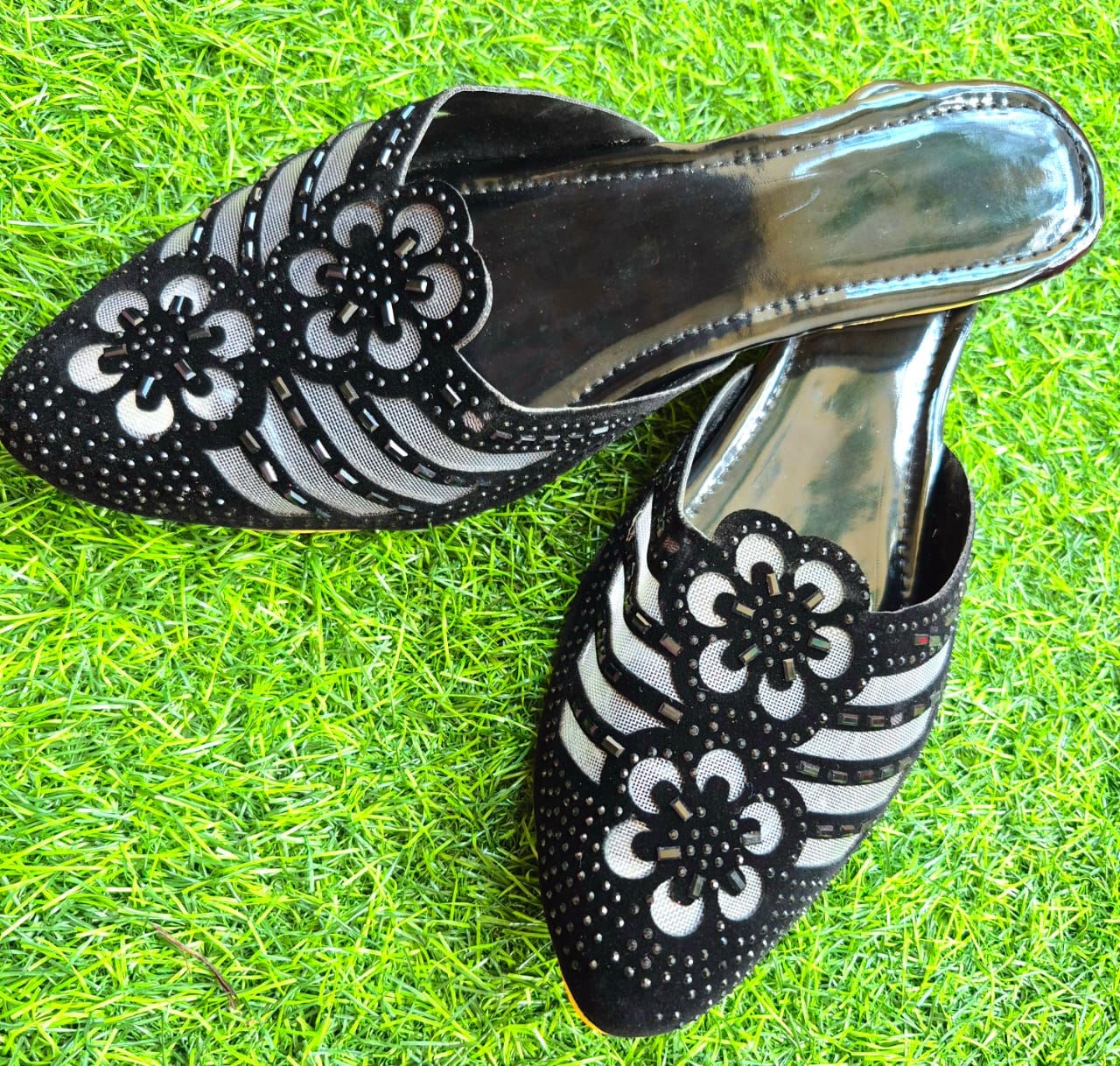 Dhivija Collections Rose Gold Sequin & Stone Work Mules – Glamorous Handcrafted Party Wear Juttis (Promo Price)